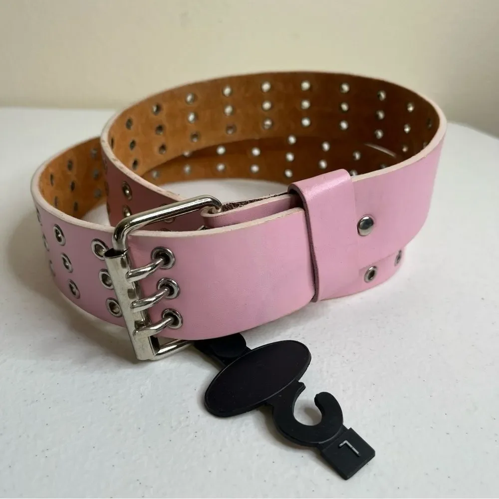 New Pink Leather Belt Silver Buckle Rivets Triple Hole Prong Women Large FLAWS